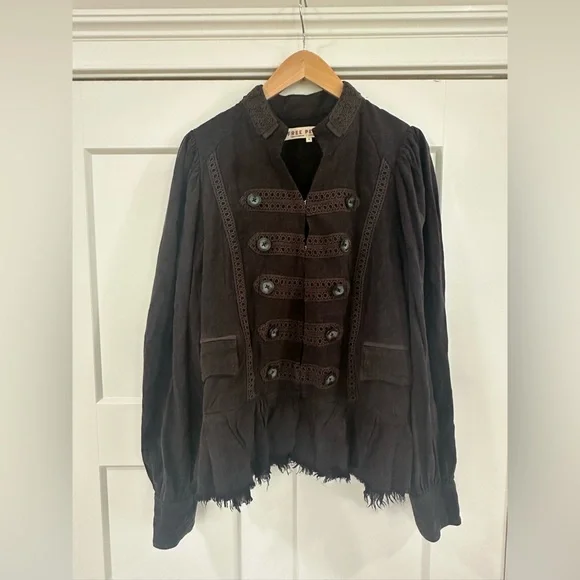 Free People Brown Suede Military-Style Lace-Trim Jacket - Picture 1 of 3